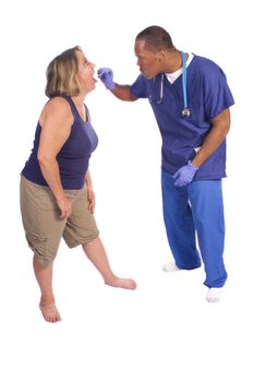 African American Doctor checking patients throat, isolated on white