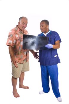 Doctor explaining results of x-ray to surprised patient