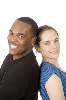 african american man with caucasian woman smiling looking at each other isolated over white