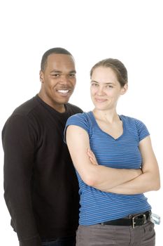 african american man with caucasian woman smiling looking at each other isolated over white