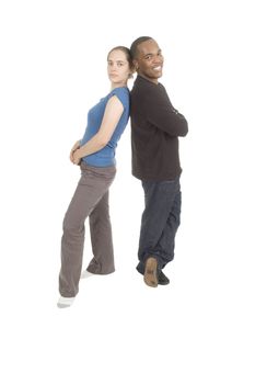 african american man with caucasian woman smiling looking at each other isolated over white