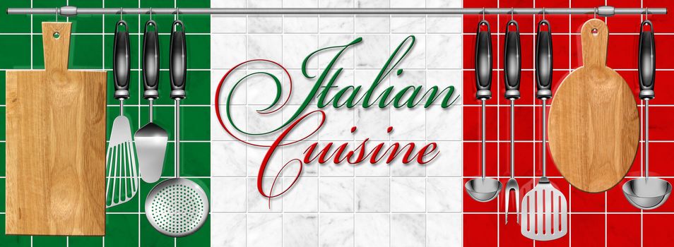 Kitchen utensils hanging on steel pole on a marble background and written italian cuisine