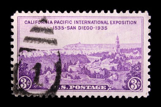 UNITED STATES - CIRCA 1935: Depicting scene of San Diego, with inscription "California Pacific International Exposition, 1535-SAN DIEGO-1935", face value of 3 cents, circa 1935
