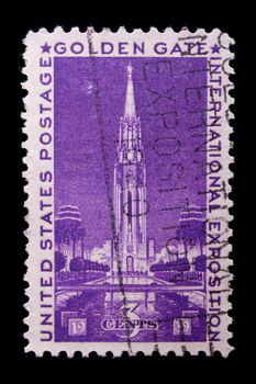 UNITED STATES - CIRCA 1939:  depicting building, in-scripted "Golden Gate International Exposition", face value 3 cents, color purple, circa 1939