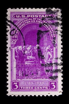 UNITED STATES - CIRCA 1939: depicting inaugarutiion of Washington, in-scripted "Sesquintennial of the Inauguation of Washington as First President" 1789-1939" , value 3 cents, circa 1939
