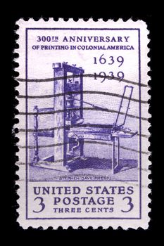 UNITED STATES - CIRCA 1939: depicting early printing press, inscripted "300th anniversary of Printing in Colonial America 1639-1939" , color purple, value 3 cents, circa 1939