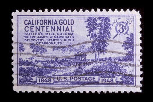 UNITED STATES- CIRCA 1948: Depicting Sutters Mill, with inscription "California Gold Centennial Sutters mill, Coloma" and "1848-1948", color magenta, face value 3 cents, circa 1948