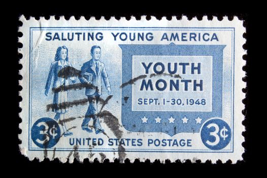 UNITED STATES - CIRCA 1948: depicting young people, inscripted "Saluting Young America" & "Youth Month Sept 1-30, 1948" , face value 3c, color: Blue, circa 1948