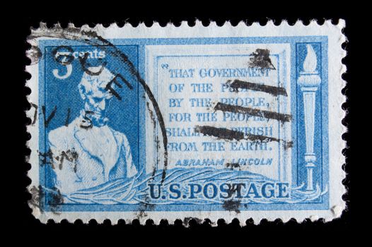 UNITED STATES - CIRCA 1948 : depicting Lincoln, in-scripted "That Government of the people, by the people, for the people, shall not perish from the Earth", value 3 c,  blue, circa 1948