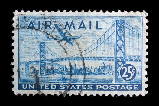 UNITED STATES - CIRCA 1941: depicting transport plane and San Francisco bridge, inscripted , face value 25c, circa 1941