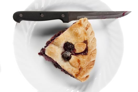 Slice of freshly cooked homemade cherry pie on a white plate