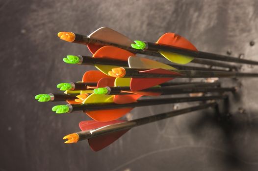 A selection of composite and carbon arrows which are on target and tightly grouped