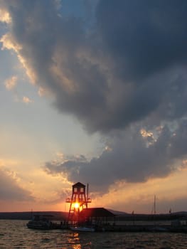 Sunset at wharf on Memphremagog Lake in Magog, Province of Quebec, Canada