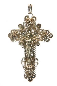 antique handcrafted silver cross isolated on white background religious concepts