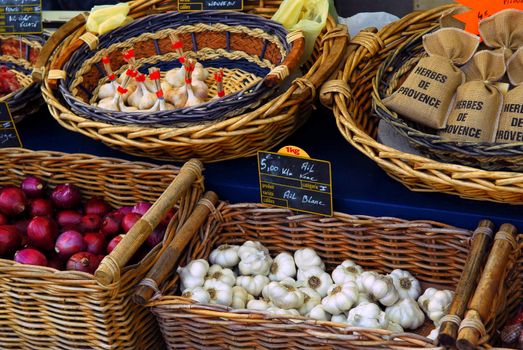 Fresh vegetables for sale on french farmers market in Perigueux, France