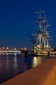 Three-masted sailing ship in Saint Petersburg embankment