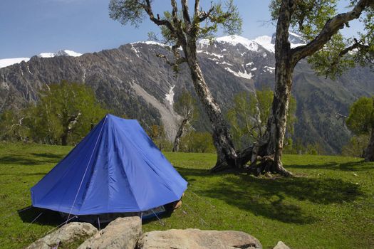 A single blue tent in the Himalayas, with the mountains in the background.
