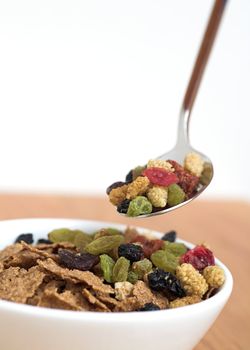 A healthy breakfast with bran flakes and dried fruit