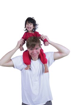 Father carrying son on his shoulders