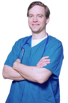 Handsome doctor smiling with arms crossed