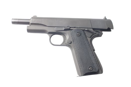 1911 semiautomatic with slide back, isolated on a white background