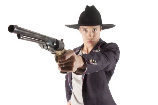 Asian cowboy pointing gun towards you