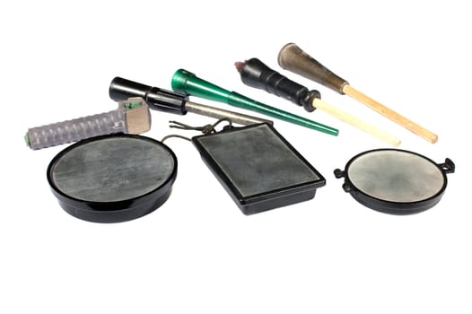 collection of slate calls, devices for simulating female turkey sounds and thereby attracting the male turkey to the hunter