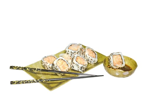 Sushi roll and chopsticks isolated on white background