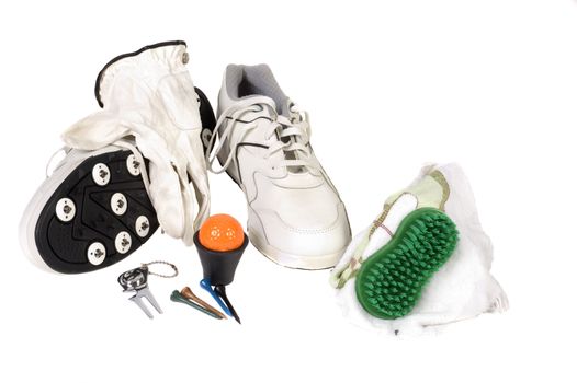 Group of golf accesories including shoes, with metal spikes, ball retriever, divit fixer, ball, tee's, glove and ball marker