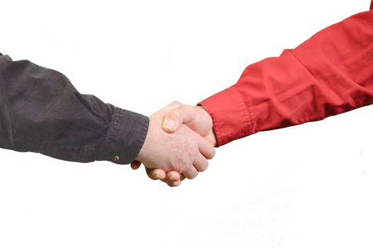 closeup of Two men shaking hands isolated over white