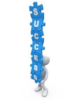 Person balancing jigsaw puzzle pieces with the word success on them.