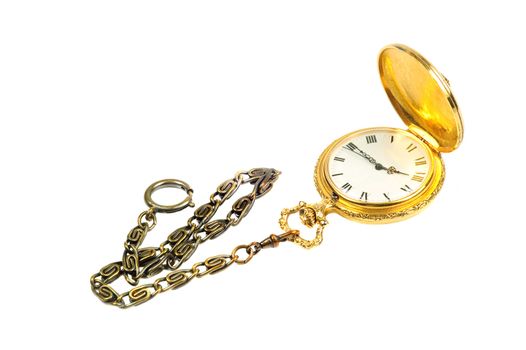 Gold fob watch with antique brass chain isolated on white