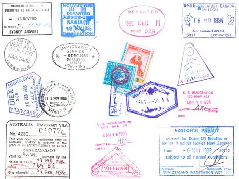 A collection of stamps and visa's on a white backround from Japan, Korea, Hong Kong, Australia, Venezuela, United States and Egypt