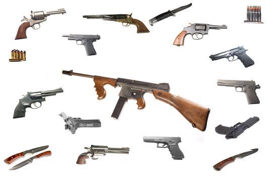 A Thompson Machine gun the favorite weapon of the gasngsters in the  1920's -1930's isolated over white