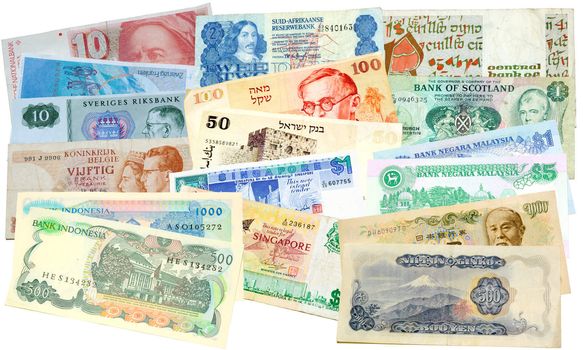 collection of money from around the world signifying how tightly the world economies are tied together