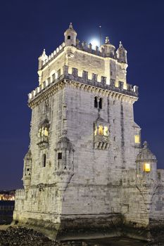 The Tower of Belem by night. Lisbon, Portugal. 