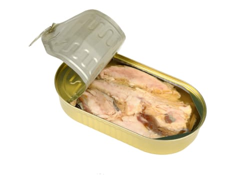 Canned fish in a half open tin; bonito