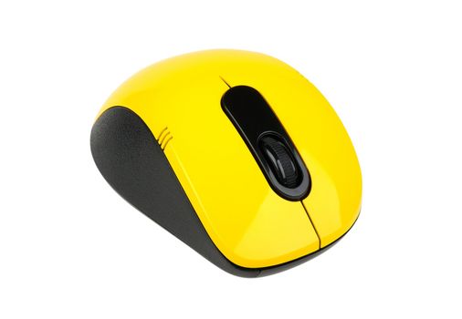 wireless black and yellow computer mouse isolated on a white background