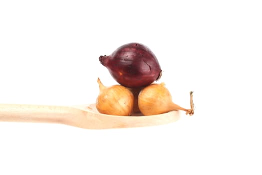 Onions  on a wooden spoon isolated against a white background