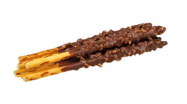 chocolate biscuit sticks with almond isolated on white