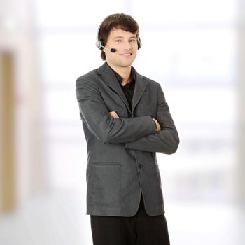 Charming customer service representative with headset on