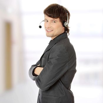 Charming customer service representative with headset on