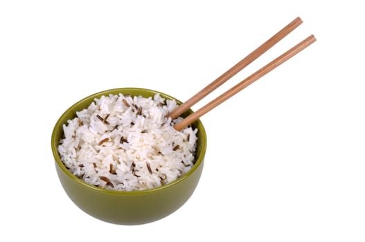 rice in a bowl with chopsticks isolated on a white background