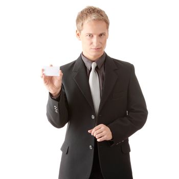 Businessman holding blank card isolated