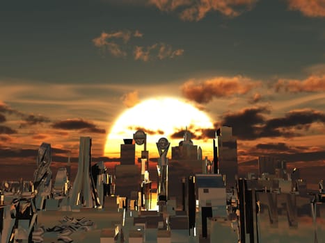the modern city at sunset
