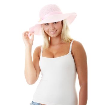 Portrait of an attractive young woman wearing a pink straw hat