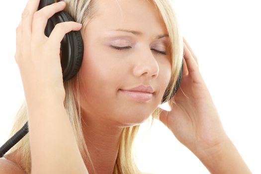 Woman and music isolated on white background