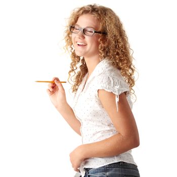 Beautiful pudgy caucasian student girl isolated on white background