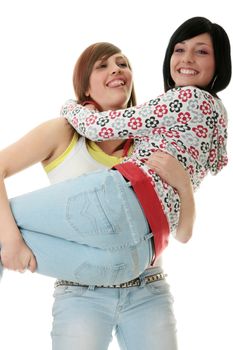 Two teen sisters isolated on white background