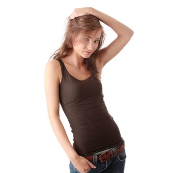 Young caucasian woman portrait, over white background